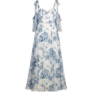 Thread Floral Maxi Dress Blue White Bow Tie Strap Sz 14 Cottagecore Coquette
